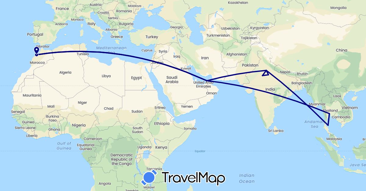 TravelMap itinerary: driving in United Arab Emirates, India, Morocco, Thailand (Africa, Asia)